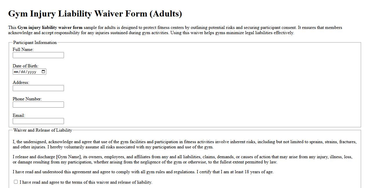 Gym injury liability waiver form sample for adults image preview