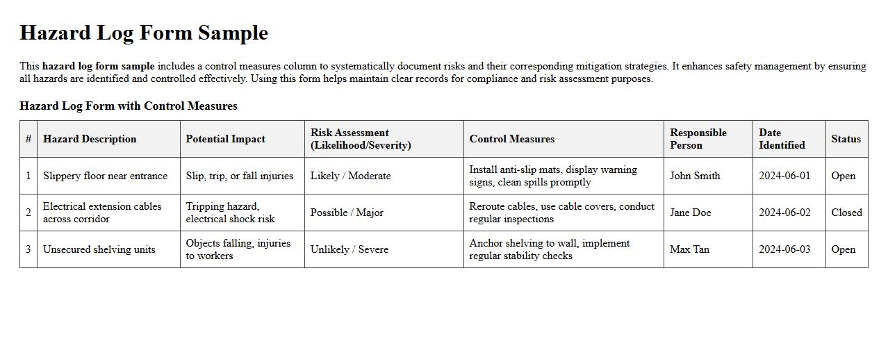 Hazard log form sample with control measures column image preview
