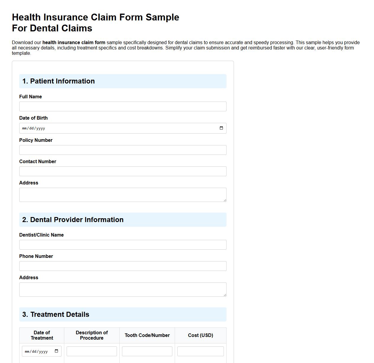 Health insurance claim form sample for dental claims image preview
