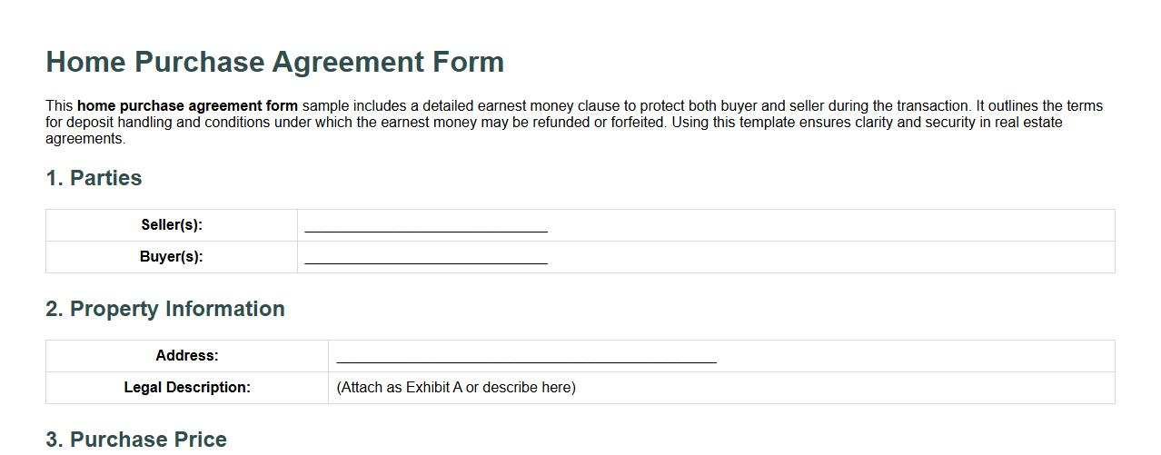 Home purchase agreement form sample with earnest money clause image preview