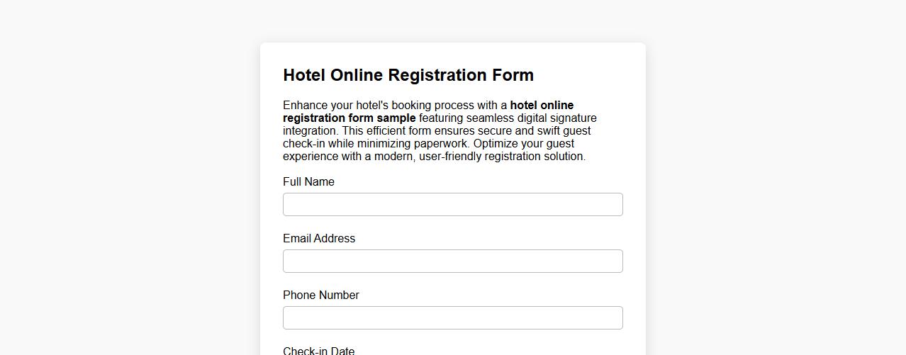 Hotel online registration form sample with digital signature image preview