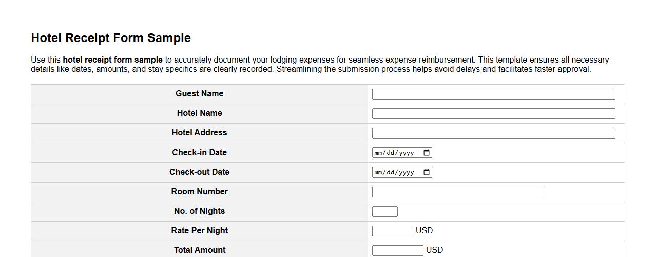 Hotel receipt form sample for expense reimbursement image preview