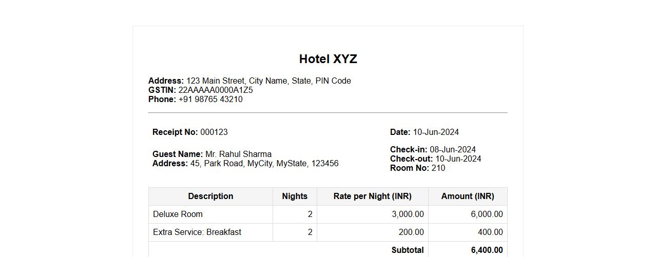 Hotel receipt format with GST details image preview