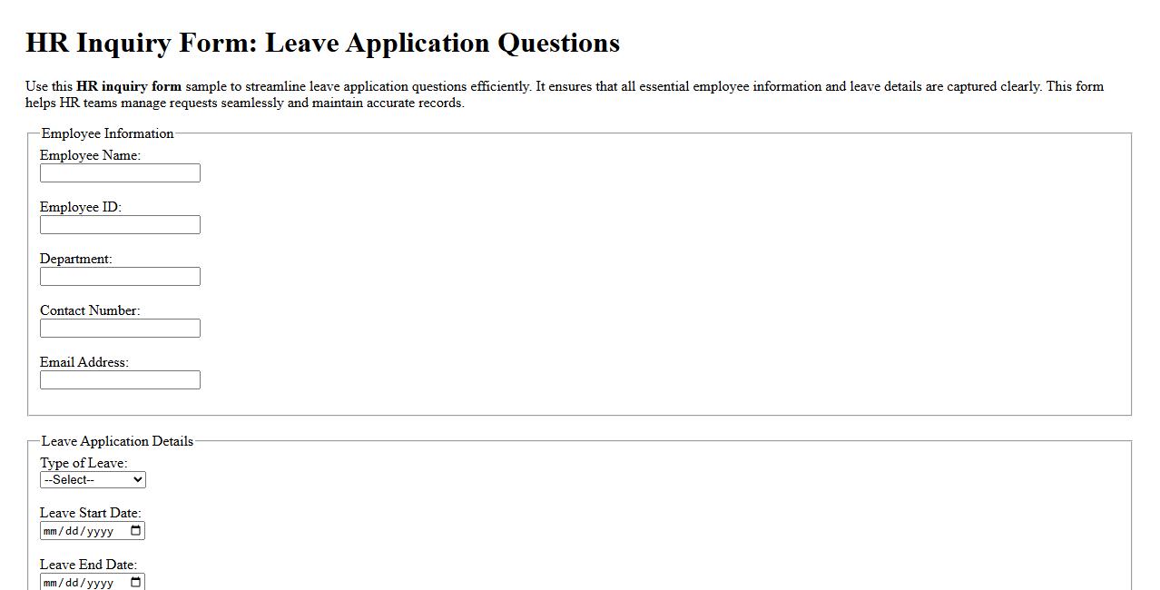 HR inquiry form sample for leave application questions image preview
