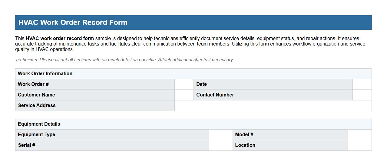 HVAC work order record form sample for technicians image preview