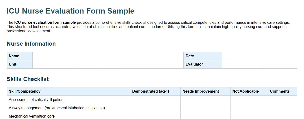 ICU nurse evaluation form sample with skills checklist image preview