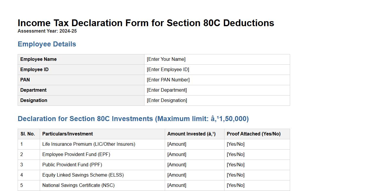 income tax declaration form sample for section 80c deductions image preview