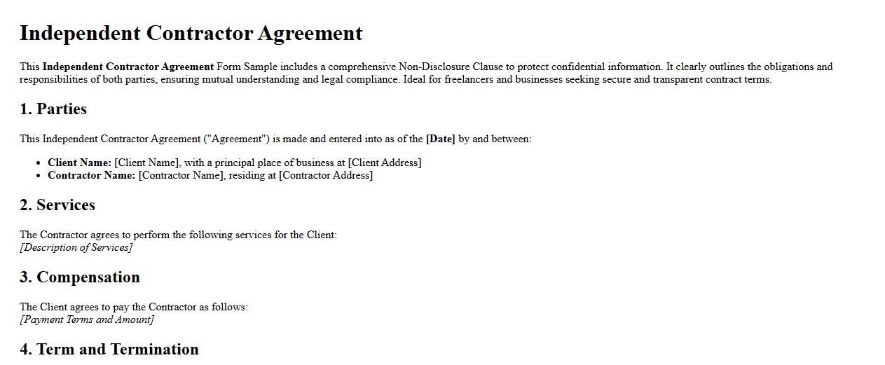 Independent Contractor Agreement Form Sample with Non-Disclosure Clause image preview