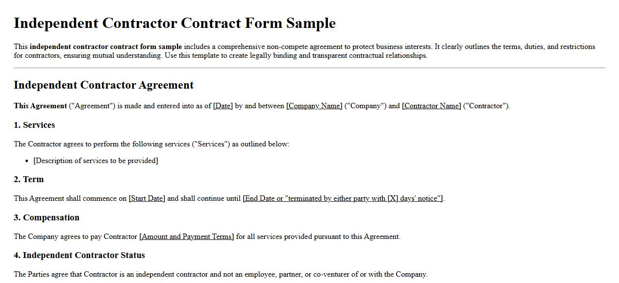 Independent contractor contract form sample including non-compete agreement image preview