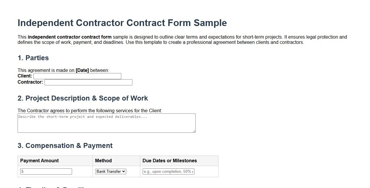 Independent contractor contract form sample for short-term projects image preview