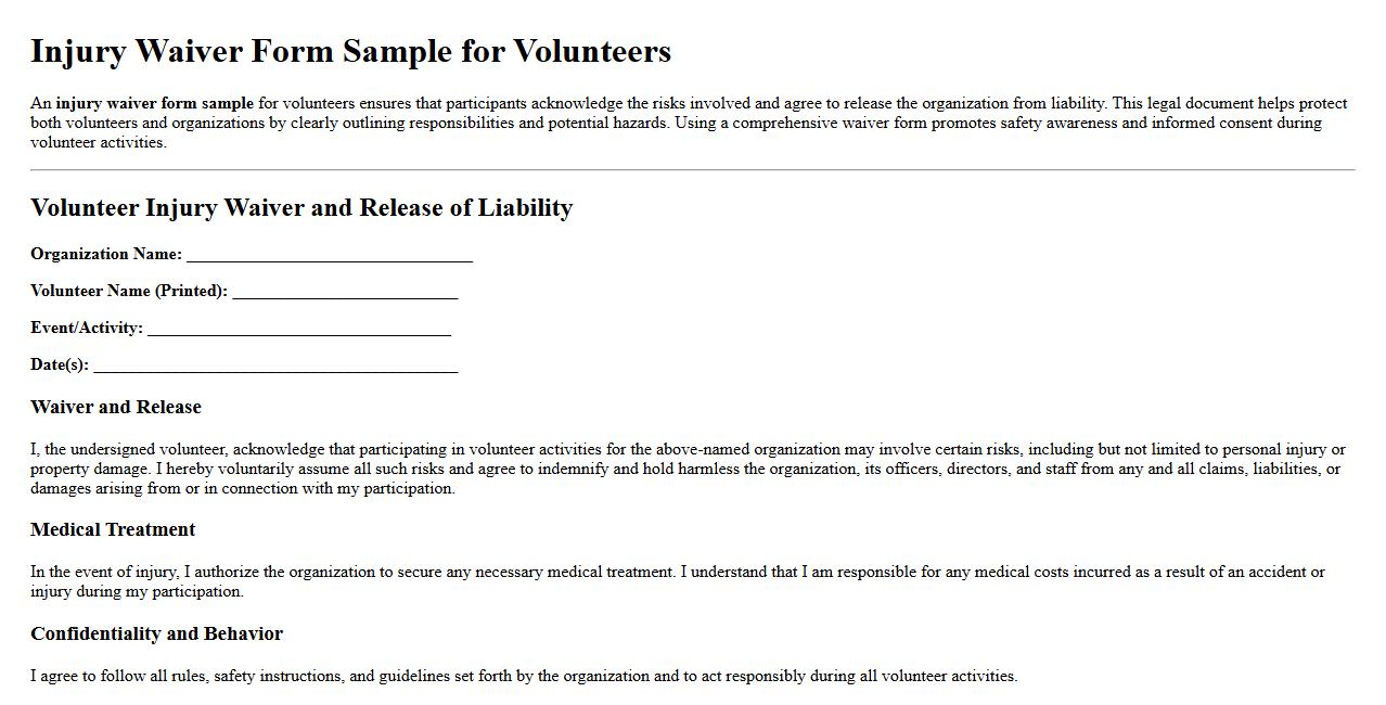Injury waiver form sample for volunteers image preview
