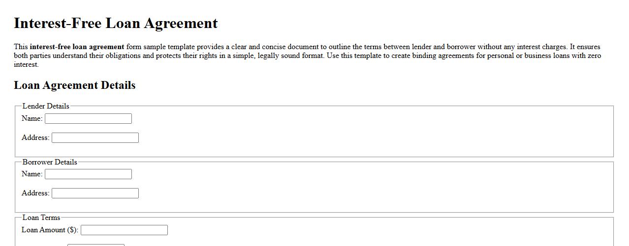 Interest-free loan agreement form sample template image preview
