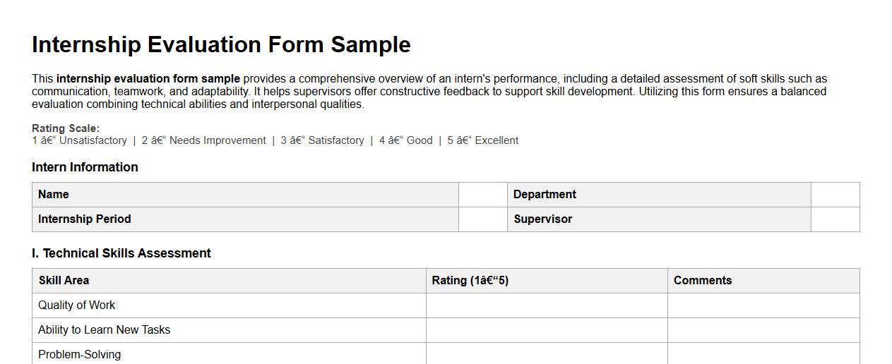 Internship evaluation form sample including soft skills assessment image preview