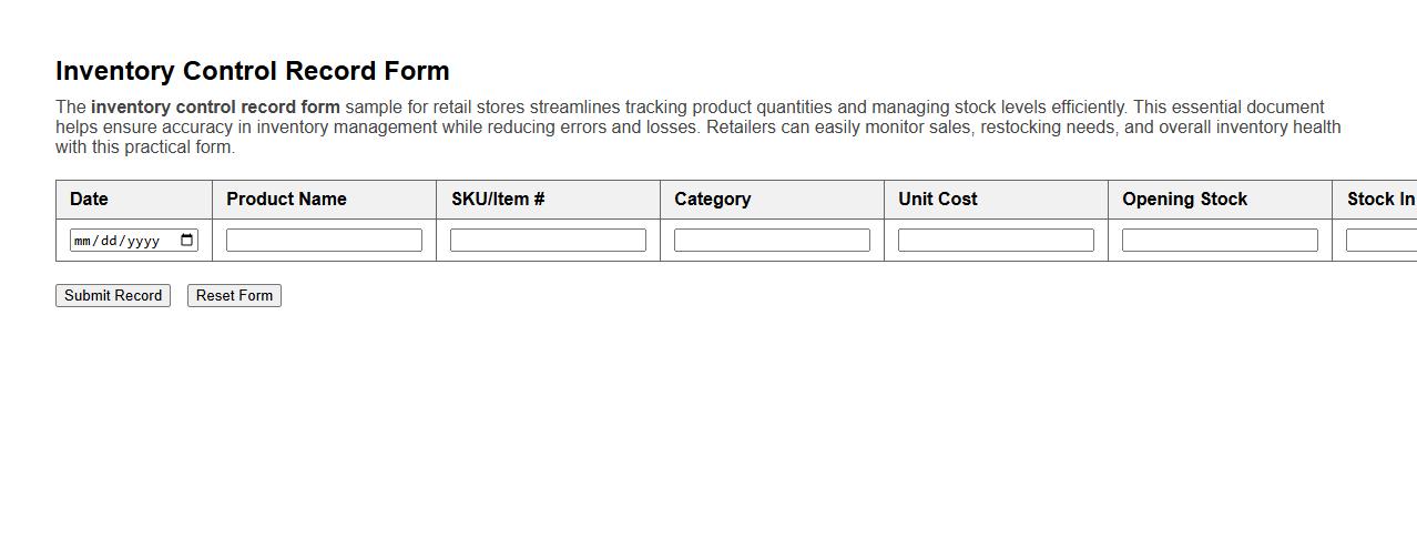 inventory control record form sample for retail stores image preview