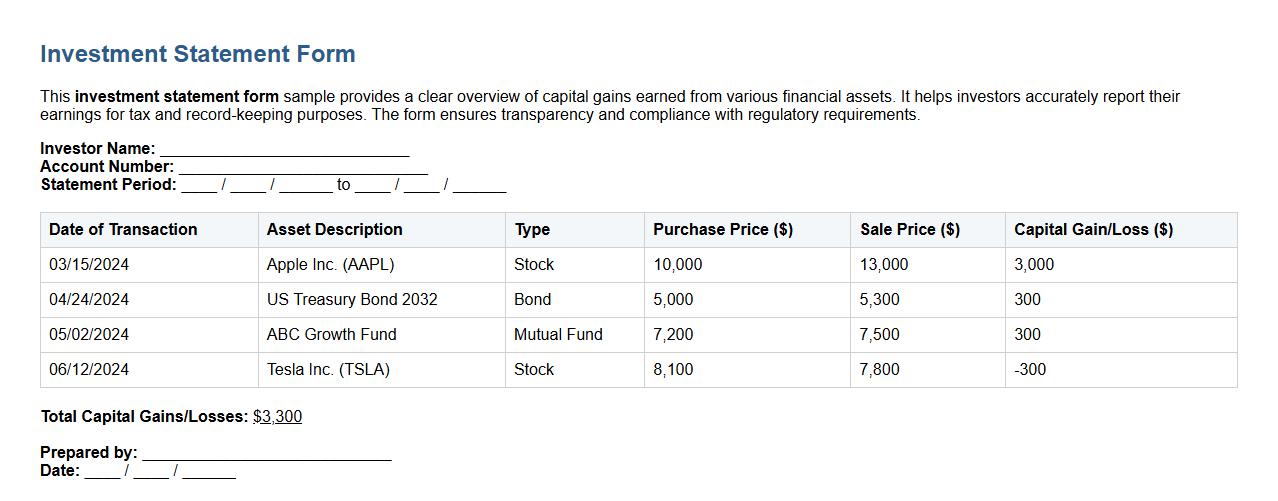 Investment statement form sample showing capital gains image preview