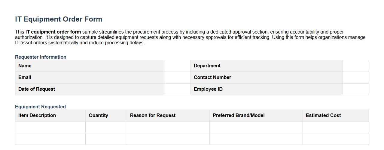 IT equipment order form sample with approval section image preview