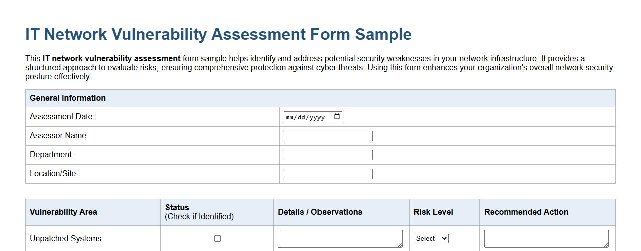 IT network vulnerability assessment form sample image preview