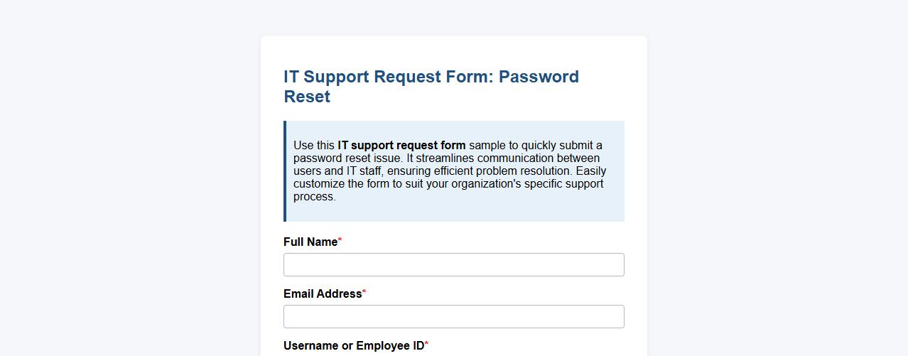 IT support request form sample for password reset image preview