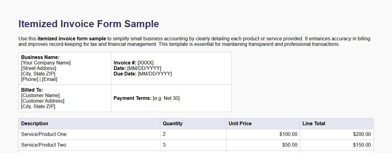 itemized invoice form sample for small business accounting image preview