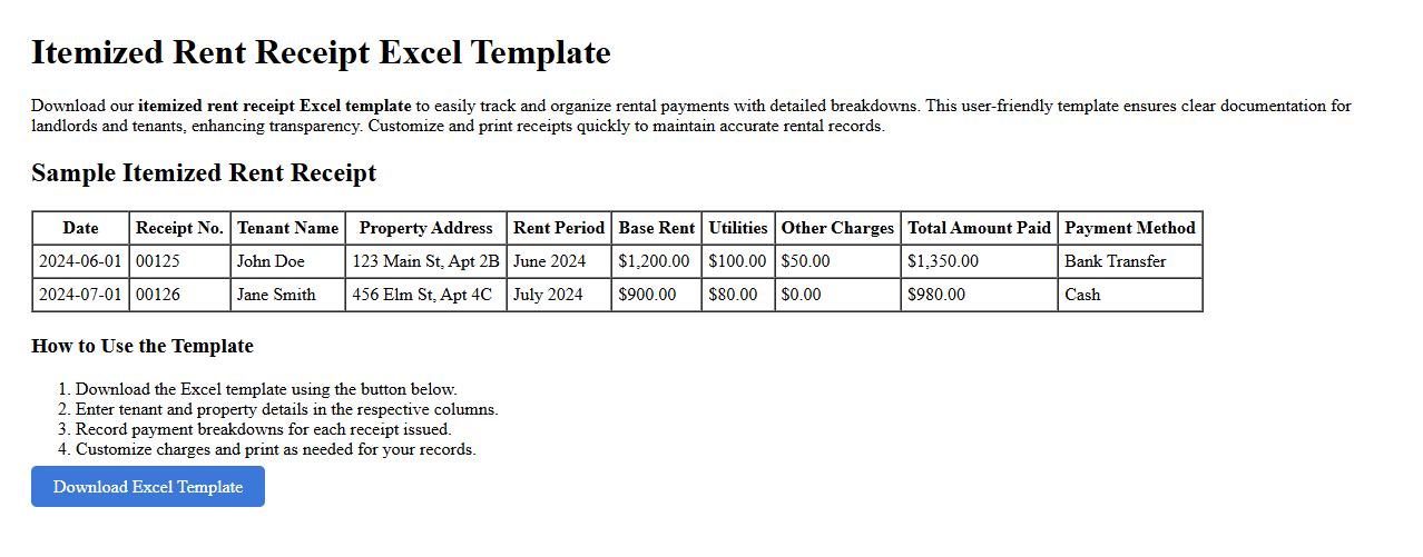 itemized rent receipt excel template image preview