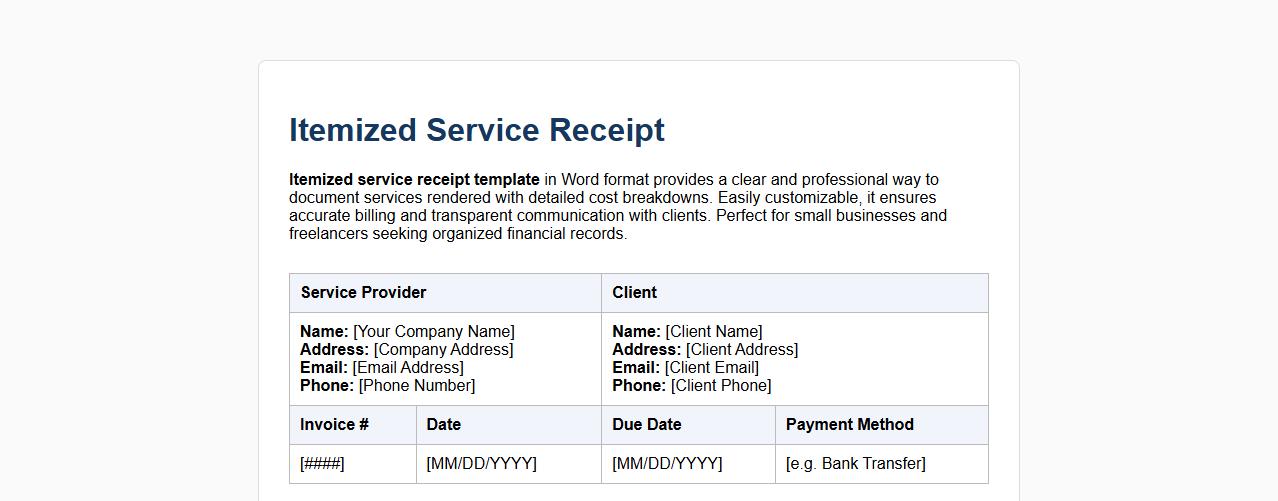 Itemized service receipt template form sample in Word image preview