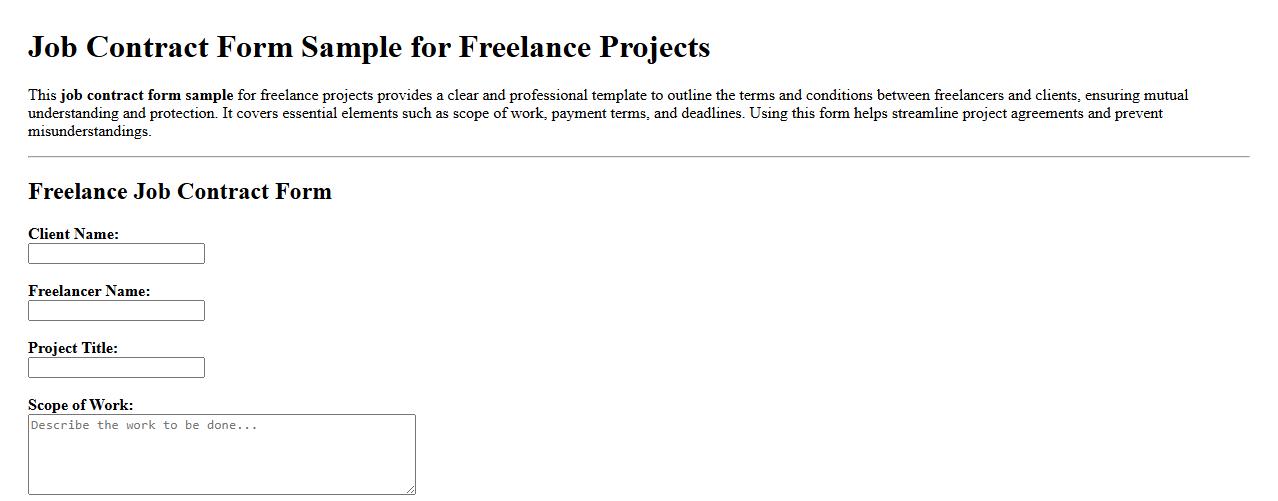 Job contract form sample for freelance projects image preview