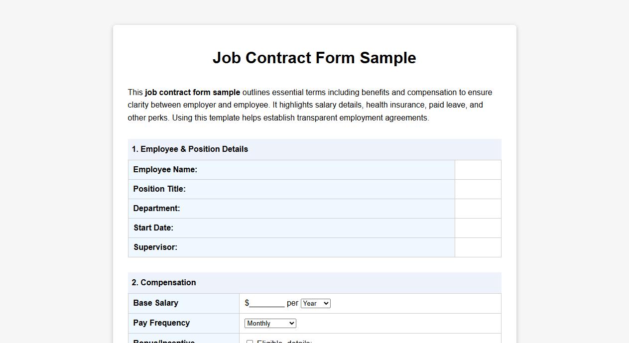 Job contract form sample including benefits and compensation image preview