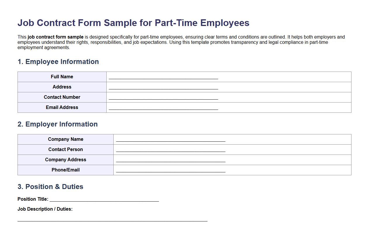 Job contract form sample for part-time employees image preview