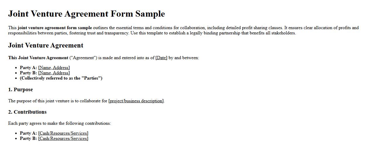 Joint venture agreement form sample with profit sharing clauses image preview