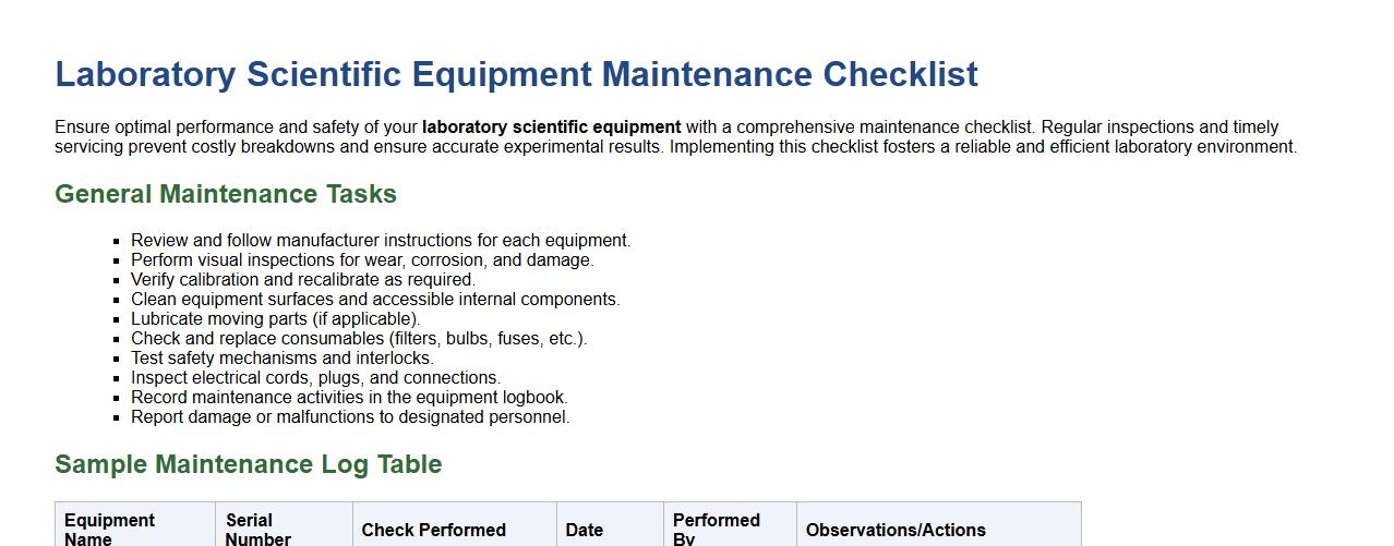 Laboratory scientific equipment maintenance checklist image preview