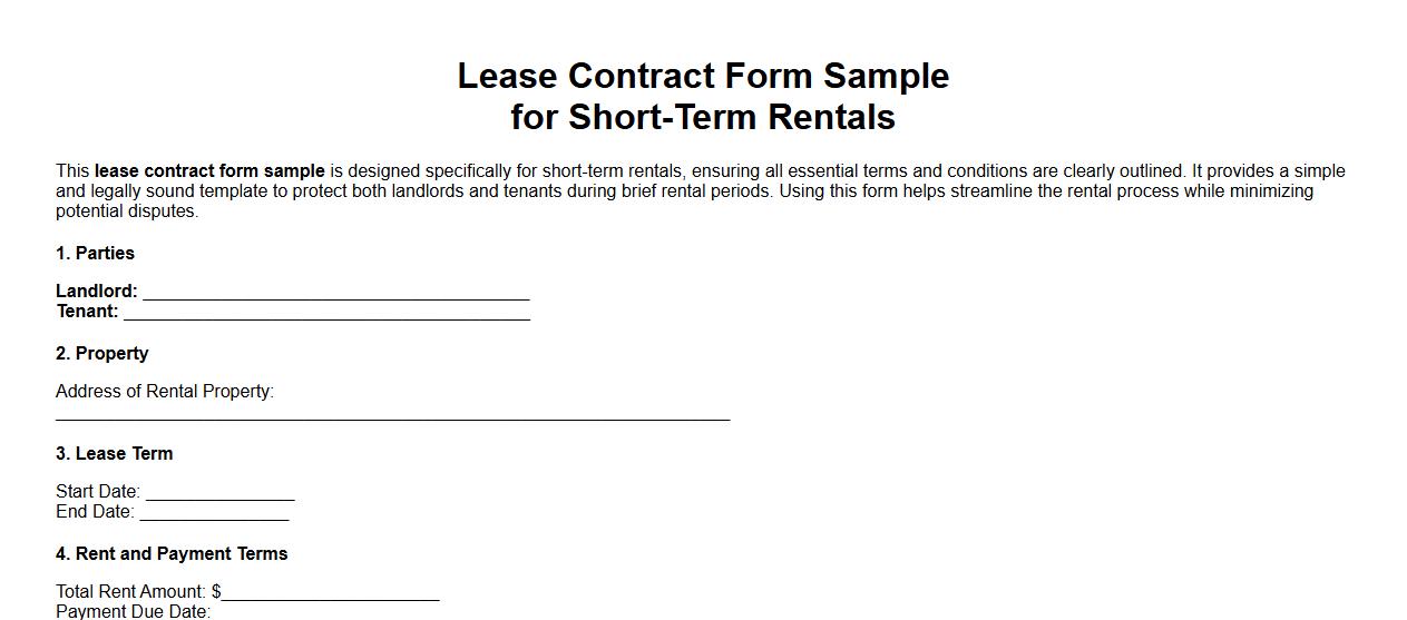 Lease contract form sample for short-term rentals image preview