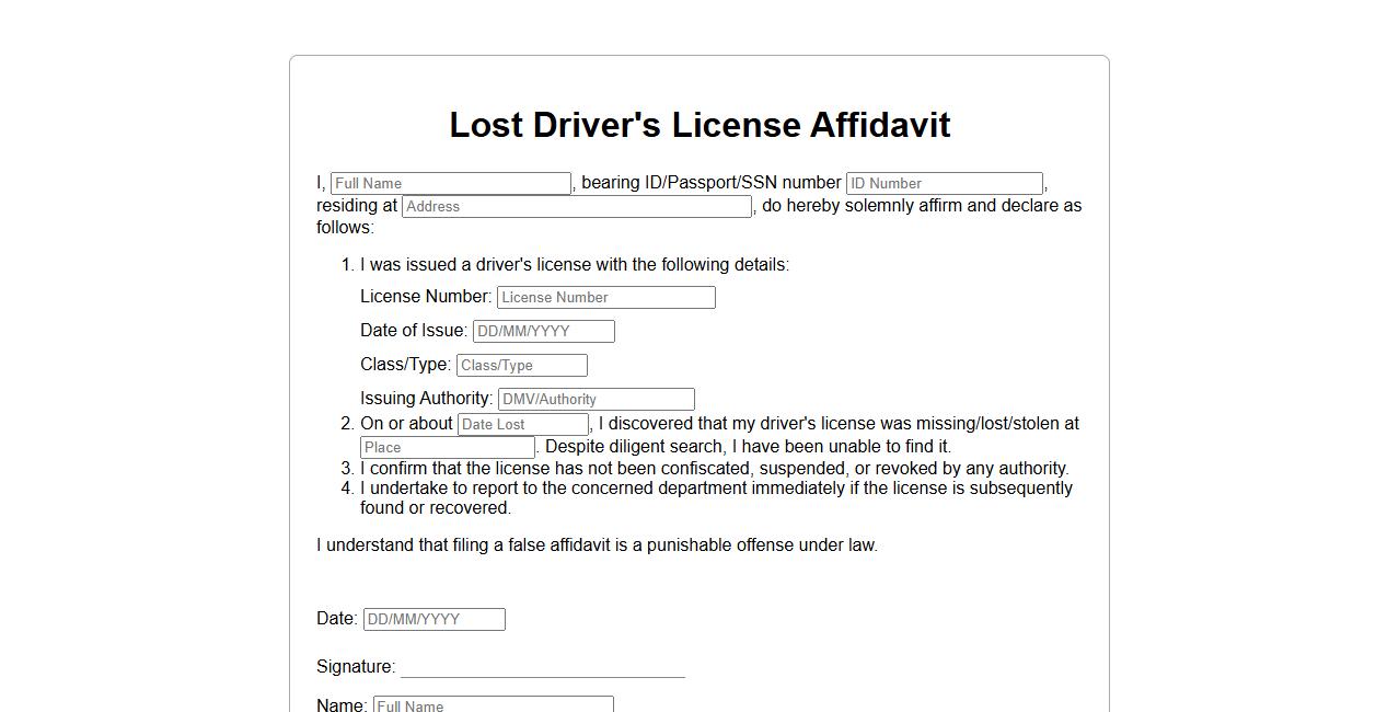 lost driver's license affidavit form sample image preview