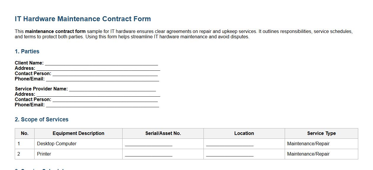 Maintenance contract form sample for IT hardware image preview