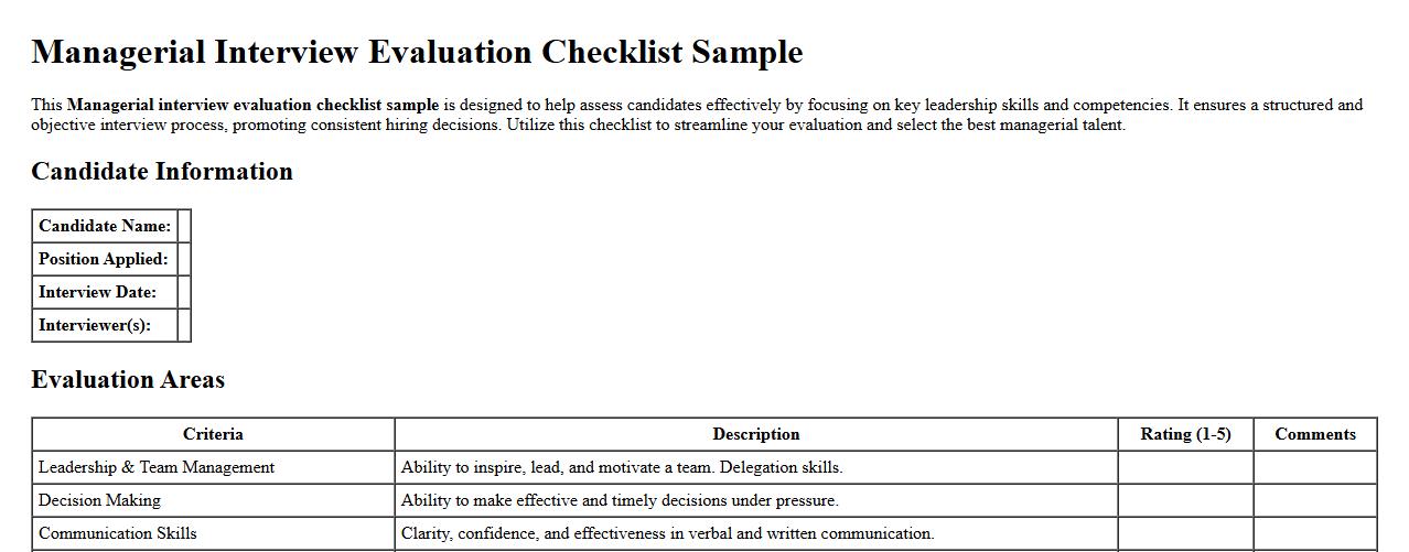 Managerial interview evaluation checklist sample image preview