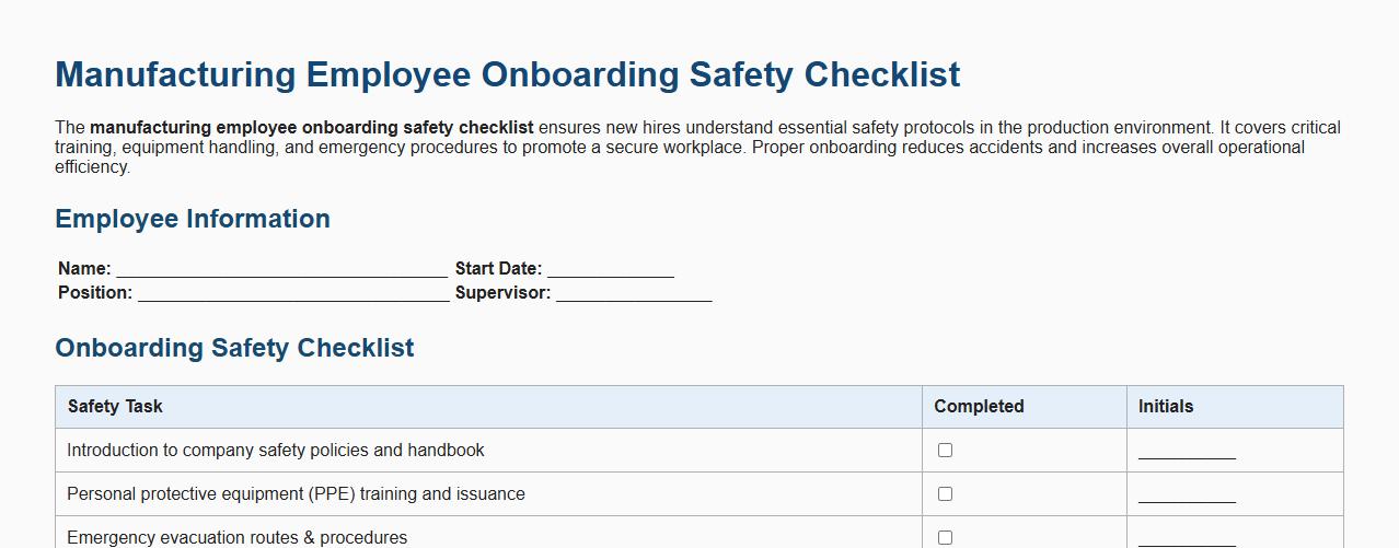 Manufacturing employee onboarding safety checklist image preview