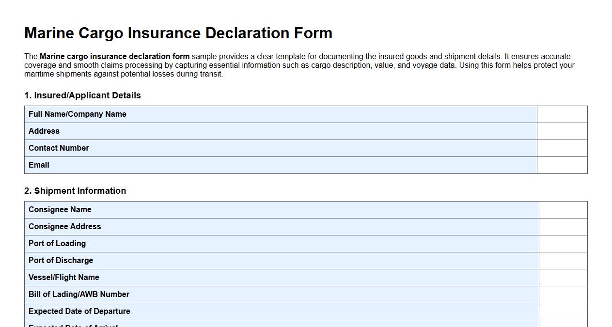 Marine cargo insurance declaration form sample image preview
