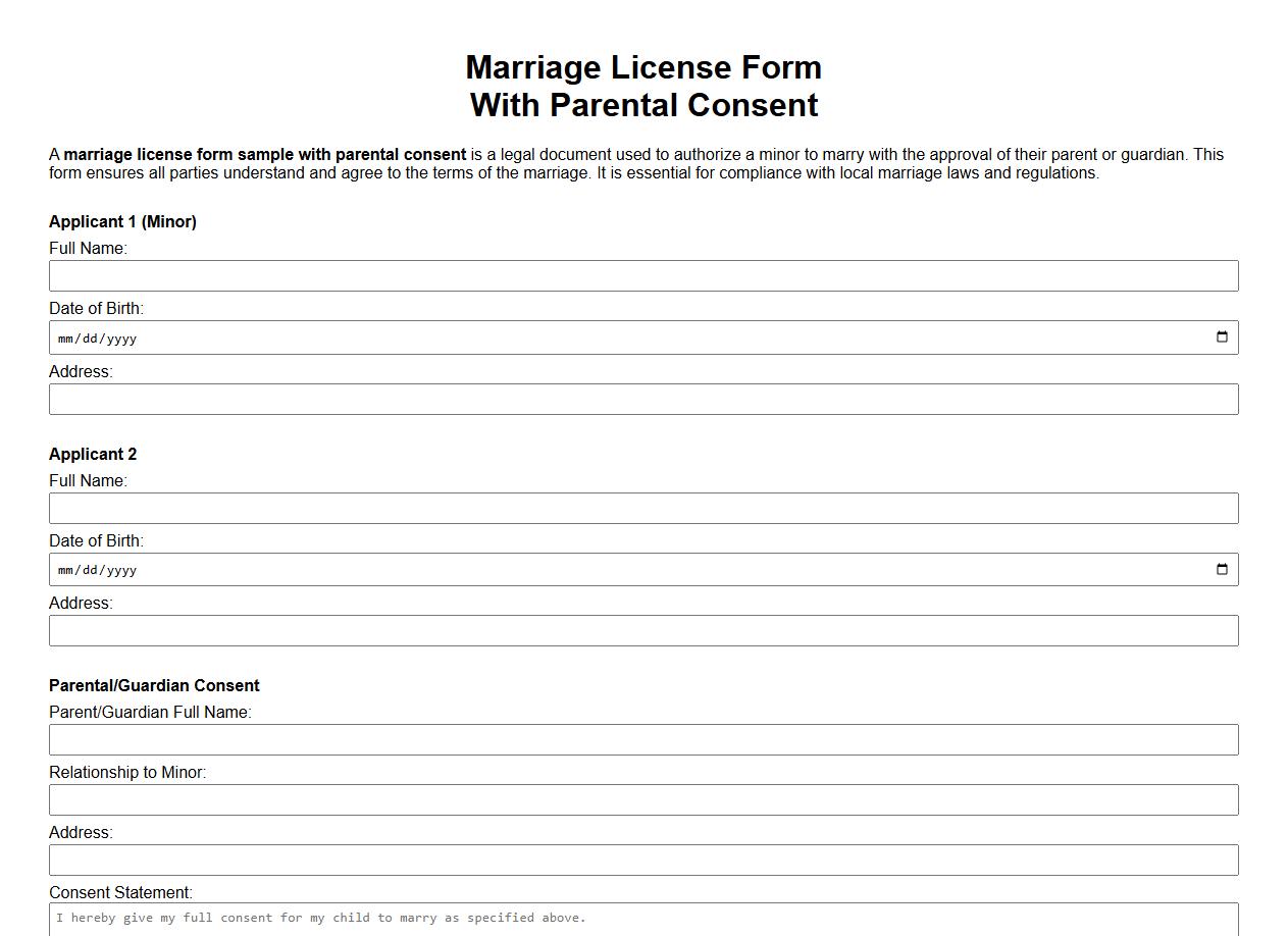 Marriage license form sample with parental consent image preview