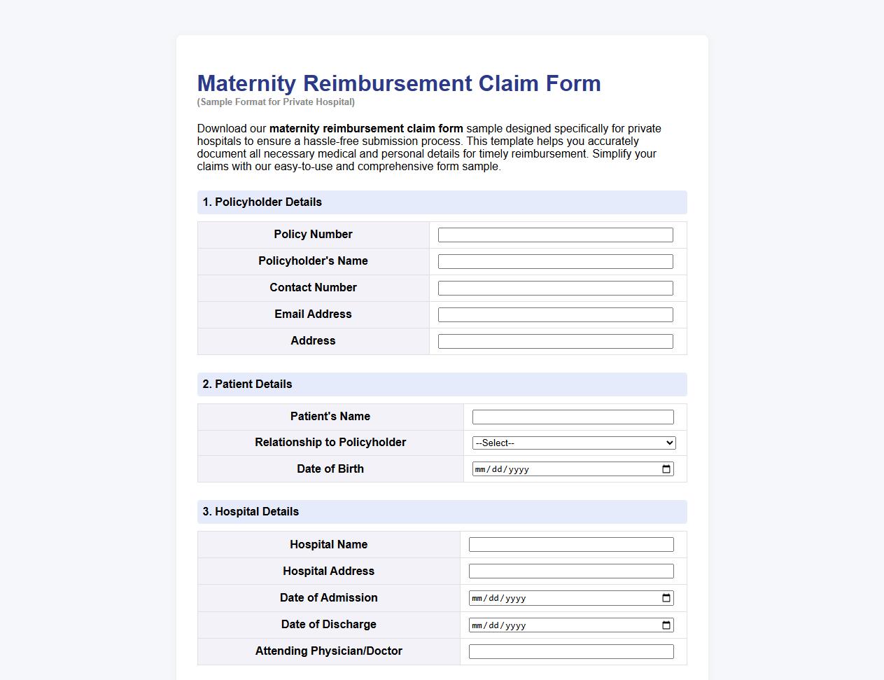 Maternity reimbursement claim form sample for private hospital image preview