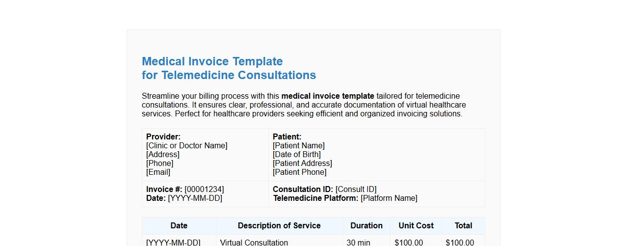 Medical invoice template for telemedicine consultations image preview