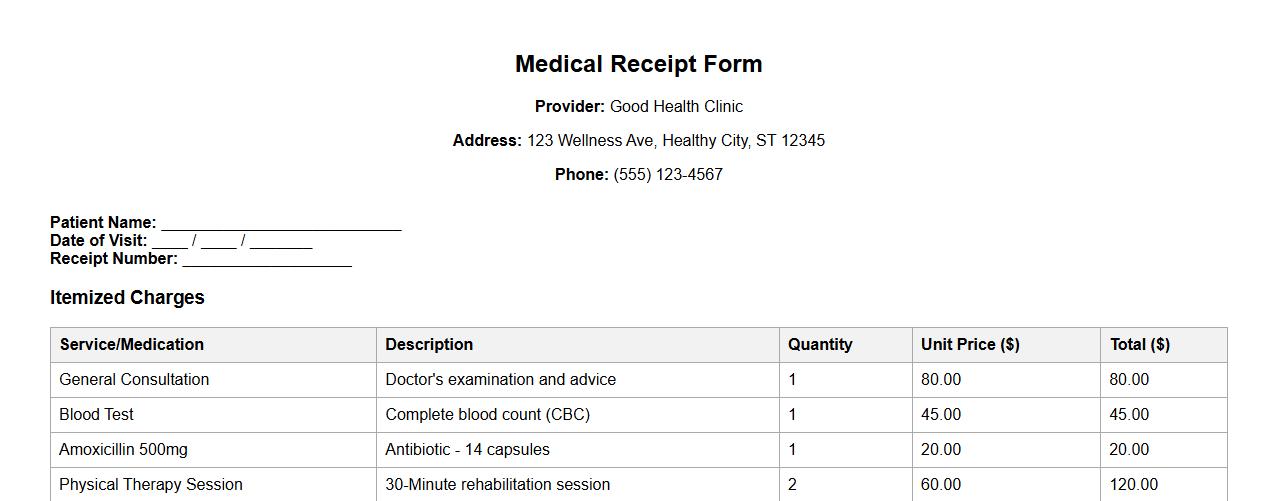 Medical receipt form sample with itemized charges image preview