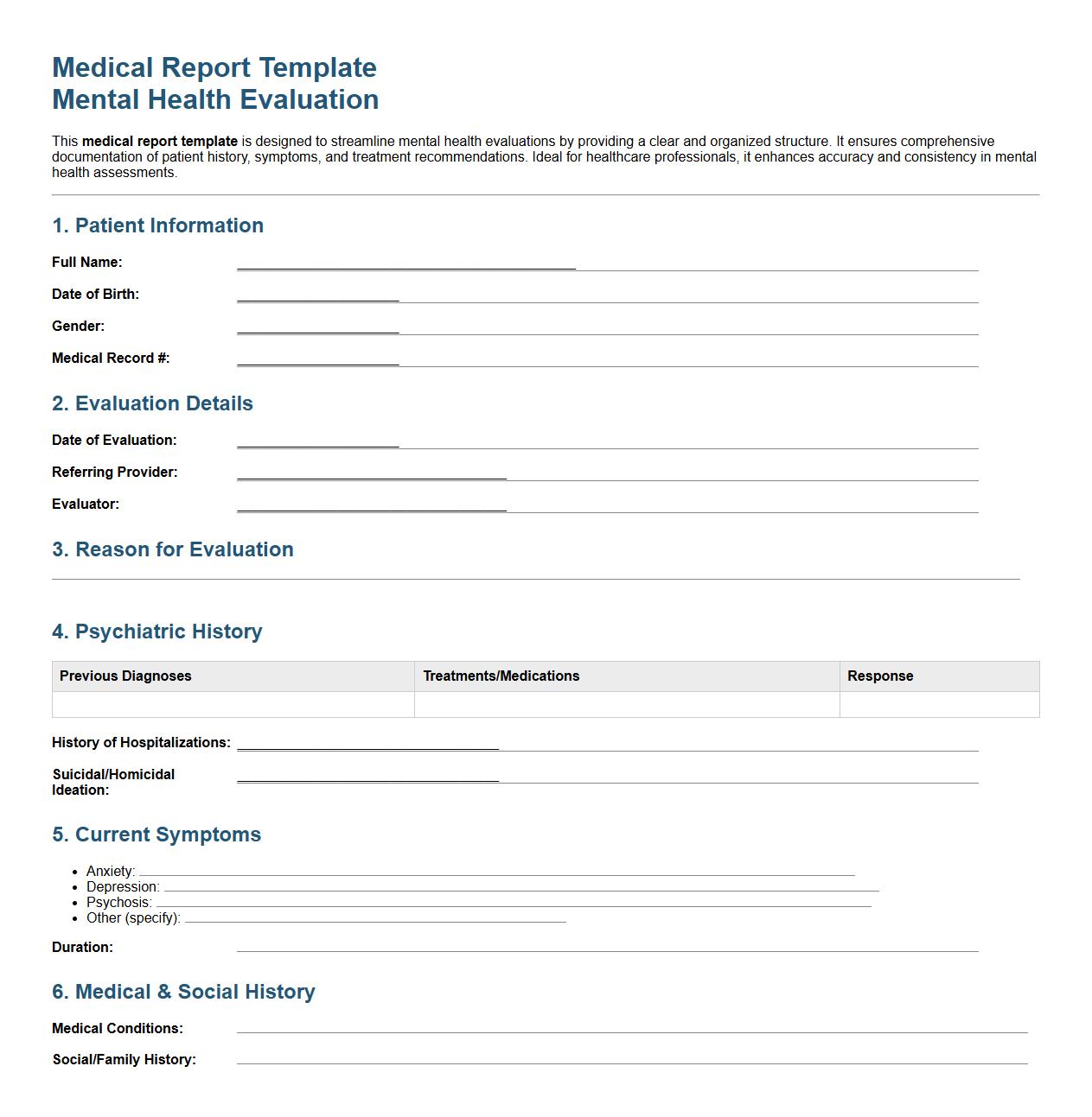 Medical report template for mental health evaluation image preview