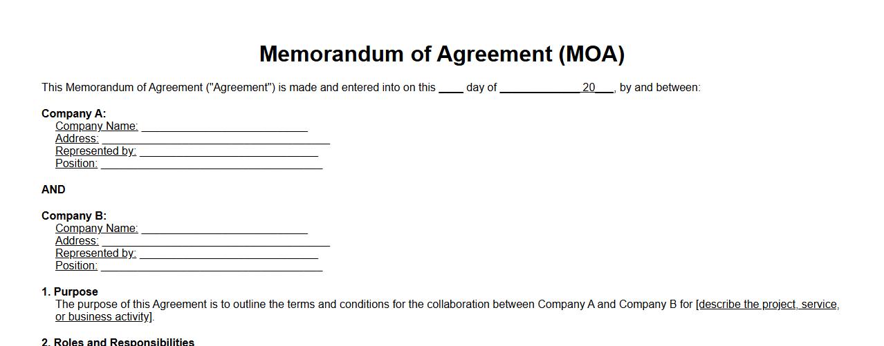 Memorandum of agreement form sample between two companies image preview
