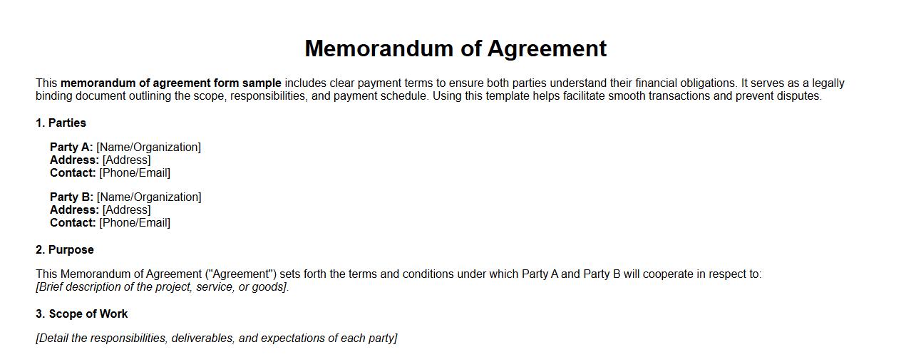 Memorandum of agreement form sample with payment terms image preview
