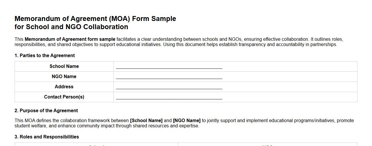 Memorandum of agreement form sample for school and NGO collaboration image preview