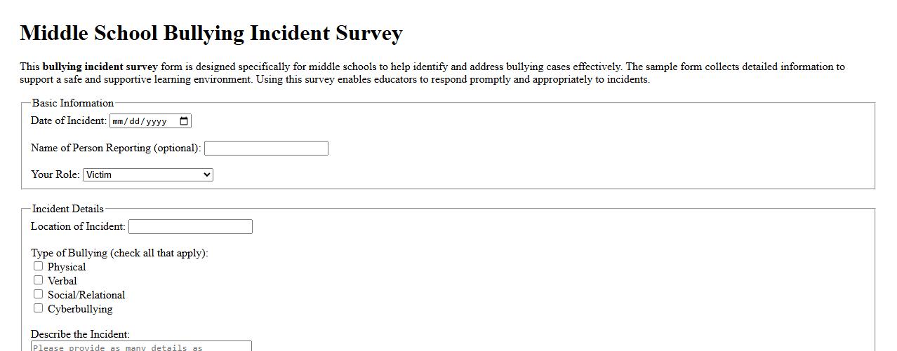 Middle school bullying incident survey form sample image preview
