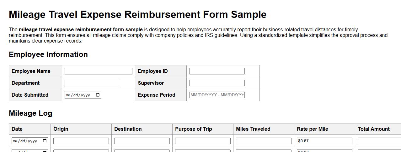 mileage travel expense reimbursement form sample image preview