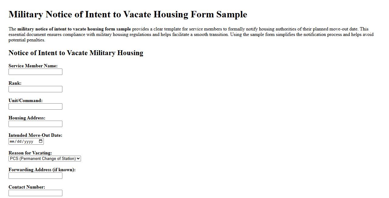 military notice of intent to vacate housing form sample image preview