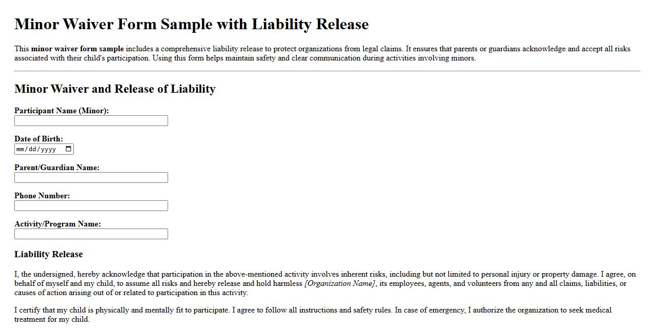 Minor waiver form sample with liability release image preview