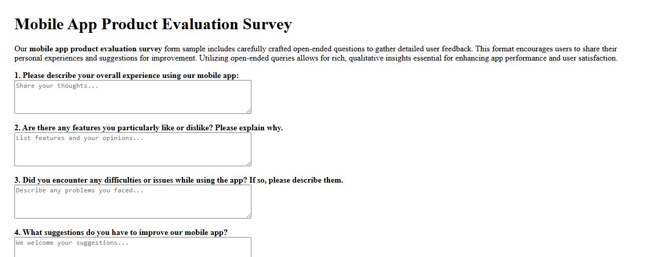 mobile app product evaluation survey form sample with open-ended questions image preview