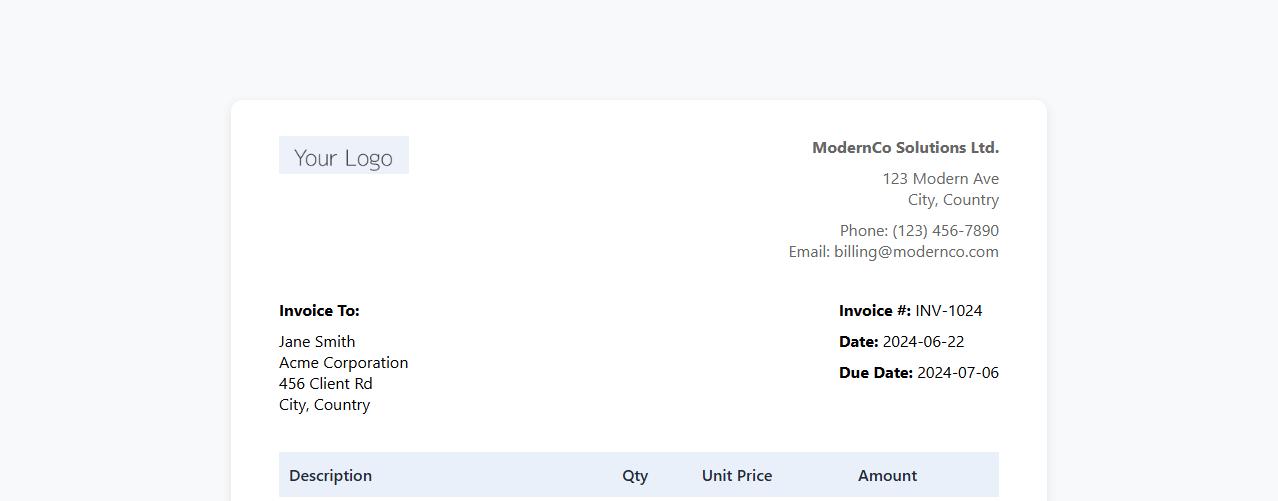 Modern professional invoice template PDF with logo image preview